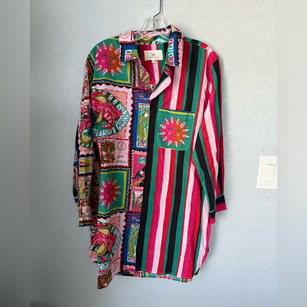 PRINTFRESH Colorful Coast Classic Button Down With Pocket Vibrant Ink Size S/M - Picture 4 of 10